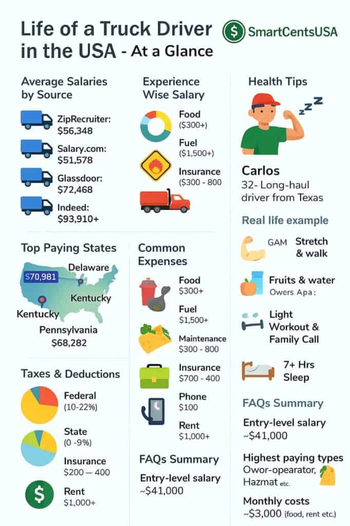An infographic illustrating the pay, costs, health, and money advice of truck drivers in the United States.