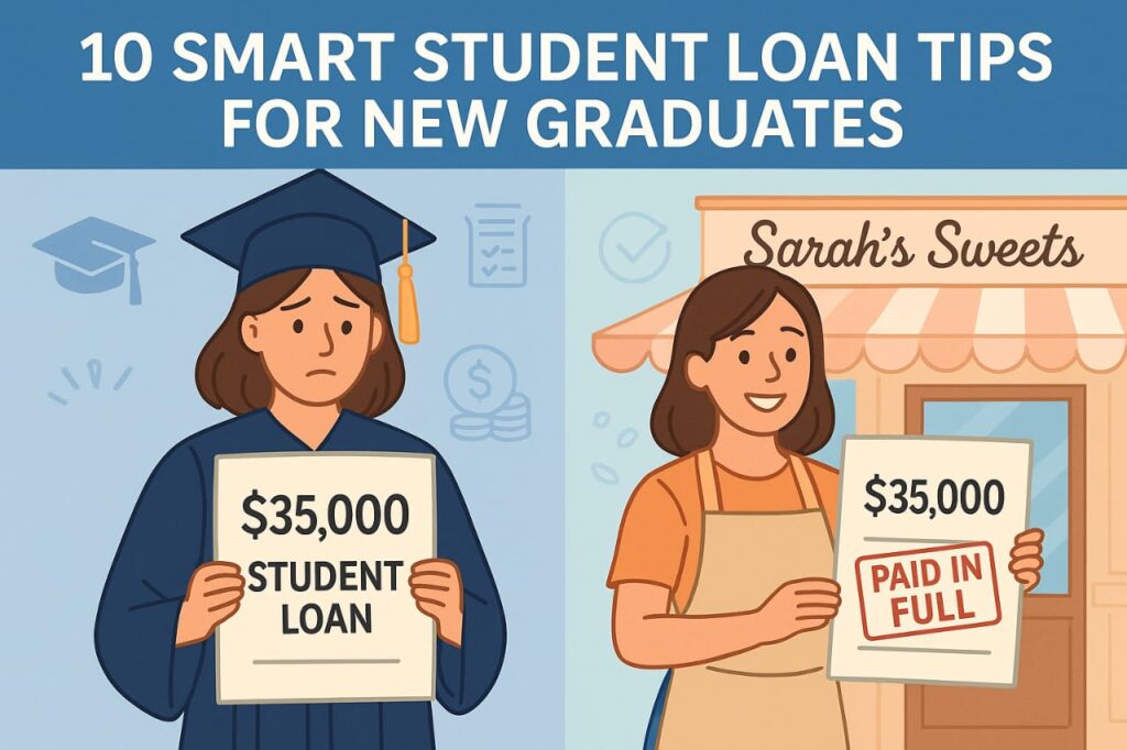 An illustration in which, on one side, the graduate is happy, and on the other side, she is under the stress of student loans.