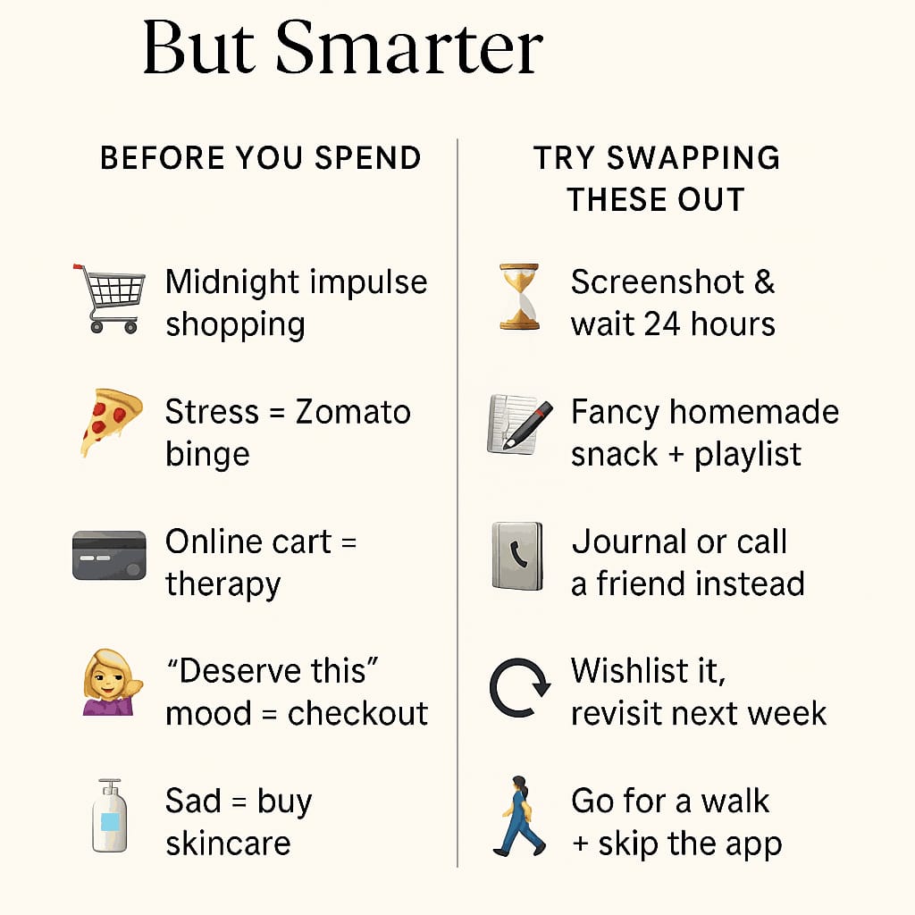 save-money-fast-spending-swaps-infographic. Infographic showing how to save money fast by swapping emotional spending with mindful habits.