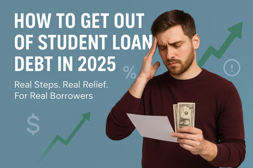 A boy is standing worried, holding a student loan bill and a few dollars in his hand.
