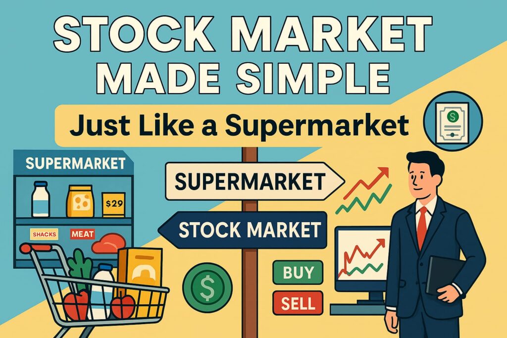 “A colorful and engaging illustration titled ‘The Stock Market Guide for Beginners’, visually comparing the stock market to a supermarket. It includes labeled aisles as sectors, grocery items as company stocks, a shopping cart as a portfolio, and a clear analogy for first-time investors.”