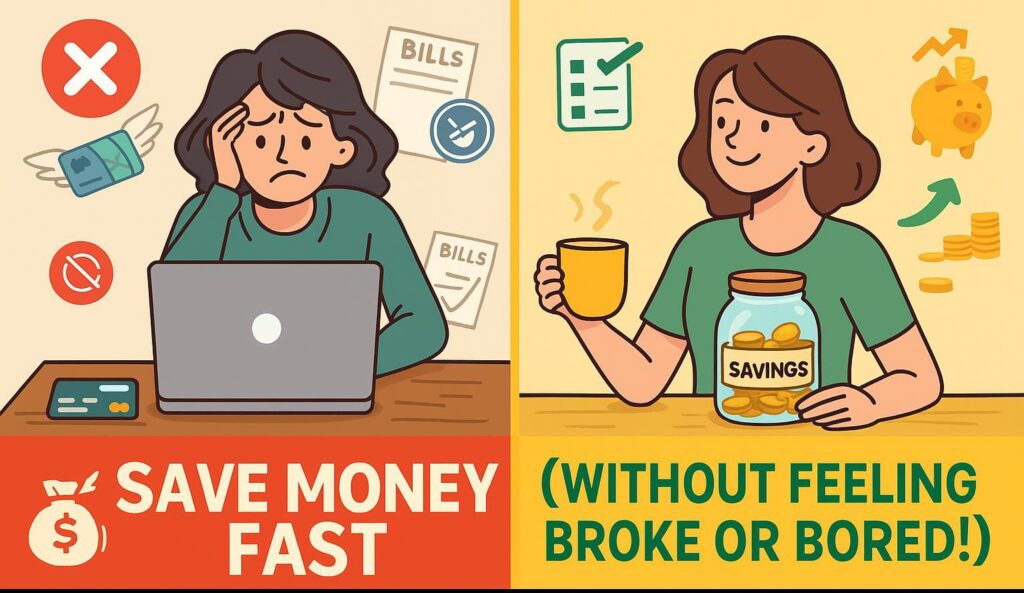 Illustration showing two sides of a woman’s financial life — one stressed with bills and online spending, and the other relaxed with coffee and a savings jar highlighting how to save money fast without sacrificing happiness,