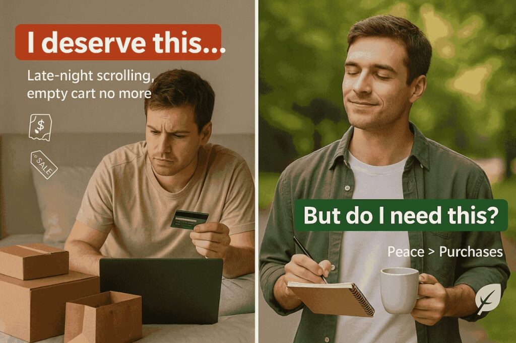 A split-screen image of a young man on the left, he looks stressed while online shopping at home; on the right, he appears calm and mindful, journaling outdoors. The visual contrasts highlight how shifting habits can help save money fast.