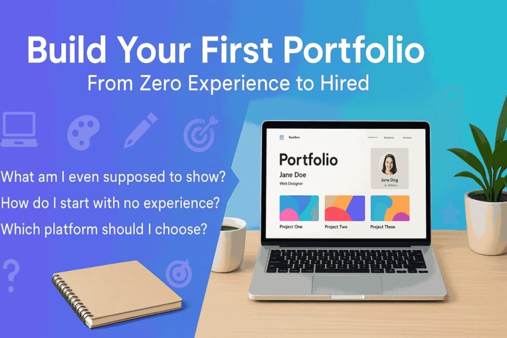 Split-screen blog graphic: the left side shows icons and beginner questions on a purple-blue gradient; the right side shows a pro workspace with a laptop, coffee, and “Build Your First Portfolio” text.