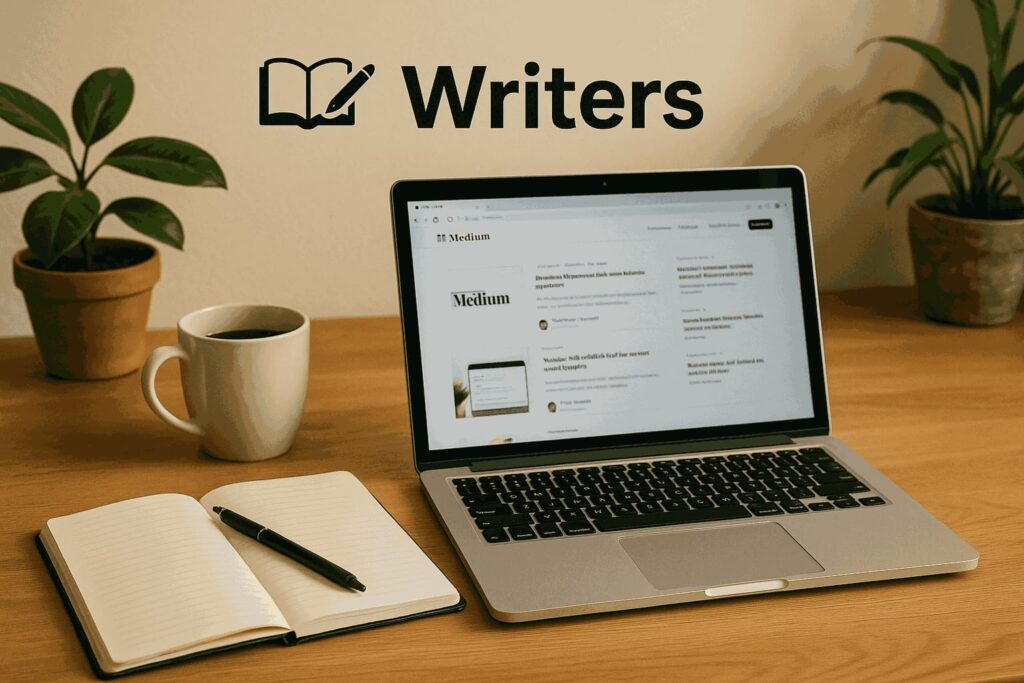 A cozy writer’s desk featuring a laptop open to Medium, a notebook with a pen, a coffee mug, and two potted plants, evoking a warm and focused creative environment.