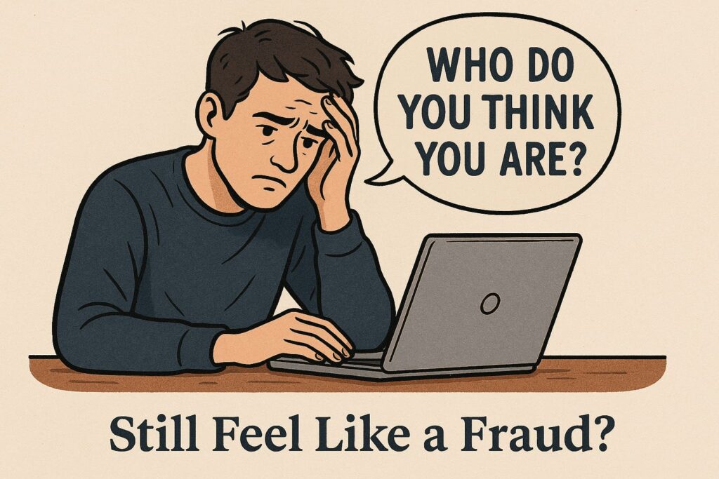 A digital illustration of a young man sitting at a desk with a laptop, resting his head on one hand and looking frustrated. A speech bubble above him reads “WHO DO YOU THINK YOU ARE?” with the text “Still Feel Like a Fraud?” below, portraying imposter syndrome and self-doubt.