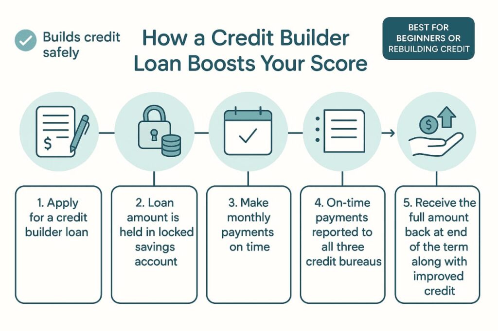 Infographic titled "How a Credit Builder Loan Boosts Your Score" showing five steps on how to improve your credit score quickly: apply for a credit builder loan, funds held in locked savings, make monthly payments, reports sent to credit bureaus, and receive funds back with improved credit. Includes icons, a checkmark for “Builds credit safely,” and a badge that reads “Best for beginners or rebuilding credit.”