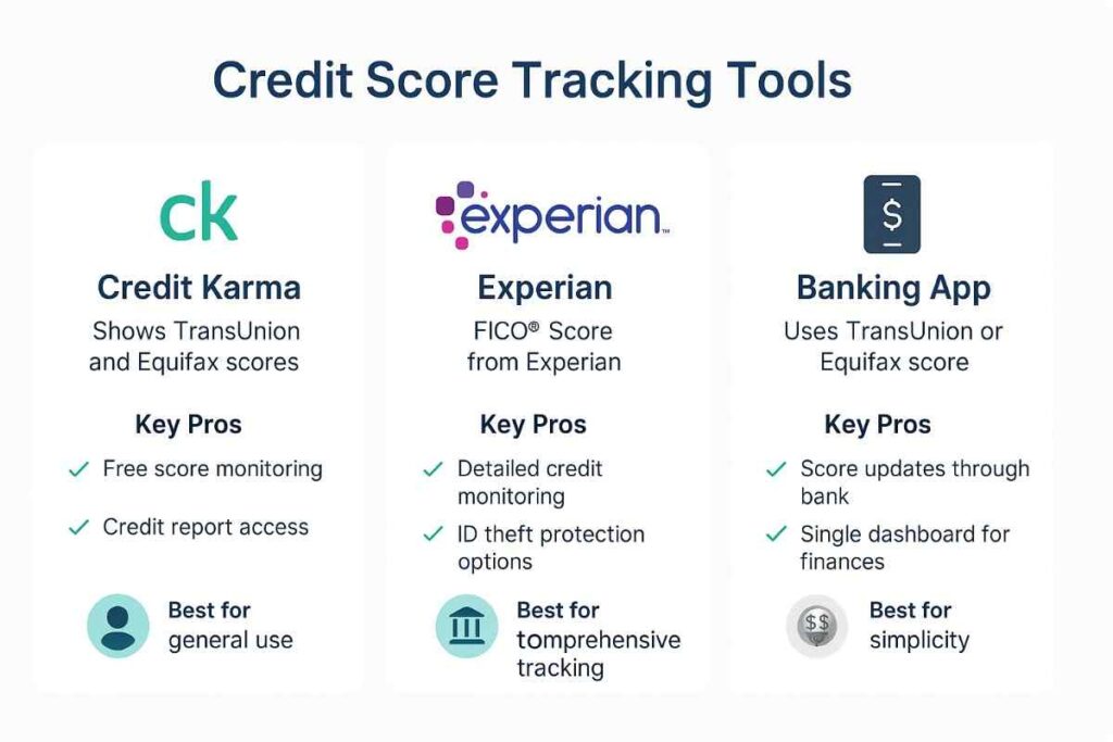 Infographic comparing three credit score tracking tools — Credit Karma, Experian, and a Banking App — to help users understand how to improve your credit score quickly. Each tool includes a logo, description, key pros with checkmarks, and who it's best for, using a clean, teal and navy design.