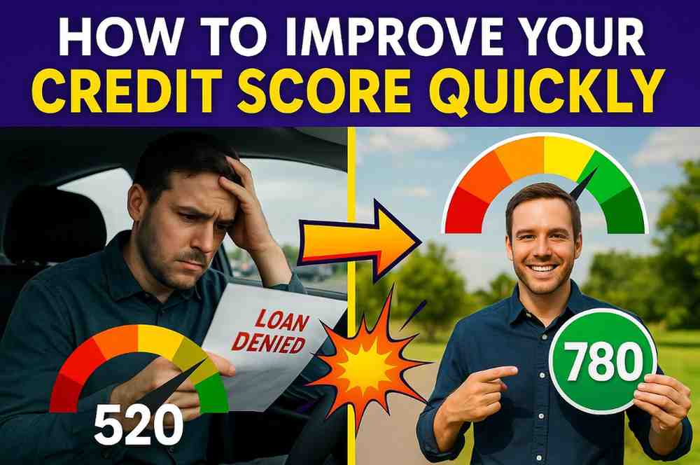 A dramatic split-screen thumbnail showing a man on the left stressed in a car while holding a “Loan Denied” letter with a 520 credit score gauge, and on the right, the same man smiling confidently outdoors holding a green “780” credit score badge. Bold text above reads “How to Improve Your Credit Score Quickly.”