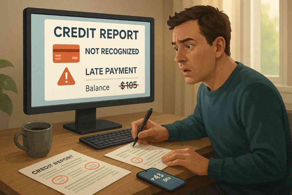 A semi-realistic digital illustration of a man sitting at a desk at home, looking shocked as he reviews his credit report on a computer screen. The screen displays alerts such as “Not Recognized” credit card, “Late Payment,” and a crossed-out balance. He holds a pen, taking notes on a printed report with red circles. A phone on the desk shows a notification reading “+43 pts.” Natural light streams through a window in the background, adding a hopeful atmosphere.
