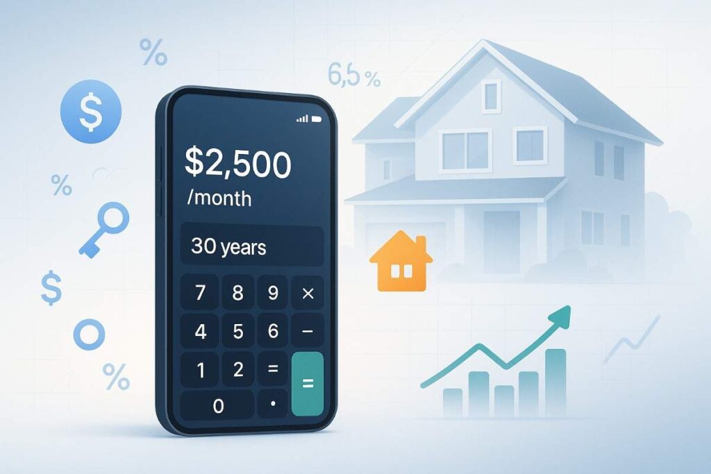 Digital illustration of a sleek smartphone-style mortgage calculator showing "$2,500/month" and "30 years," surrounded by floating financial icons and set against a soft gradient background with a blurred modern house, percentage signs, and upward-trending graph elements.