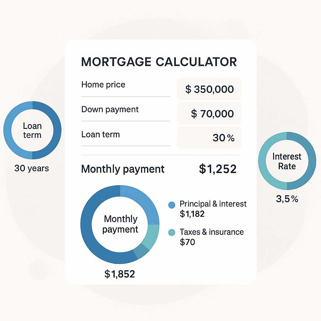"Visual guide to understanding your mortgage: See how loan terms, interest rates, and monthly payments come together in this easy-to-read calculator infographic."
