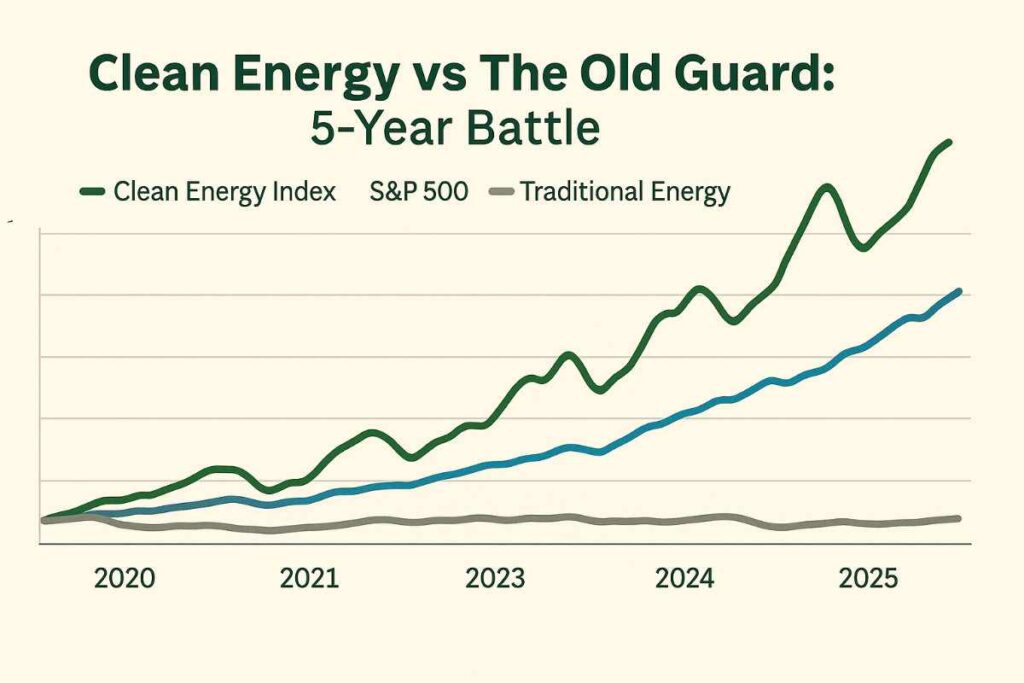 Line graph infographic titled "Clean Energy vs The Old Guard: 5-Year Battle" comparing the performance of three indices from 2020 to 2025: Clean Energy Index (green line), S&P 500 (blue line), and Traditional Energy stocks (gray line). The Clean Energy line shows the strongest growth, followed by steady gains in the S&P 500, while Traditional Energy remains mostly flat. The chart has a beige background and a landscape layout with clear labels and smooth trend lines.