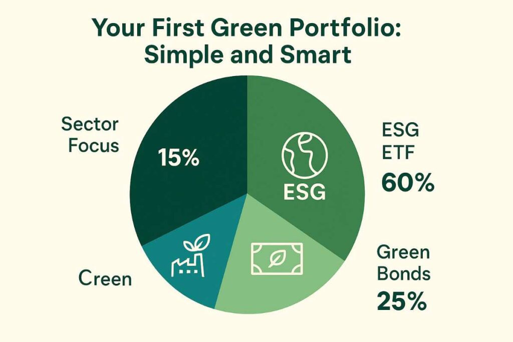 Pie chart titled "Your First Green Portfolio: Simple and Smart" with three color-coded segments—60% ESG ETF (dark green) with a globe icon, 25% Green Bonds (light green) with a leaf-in-frame icon, and 15% Sector Focus (blue-green) with a factory and plant icon.