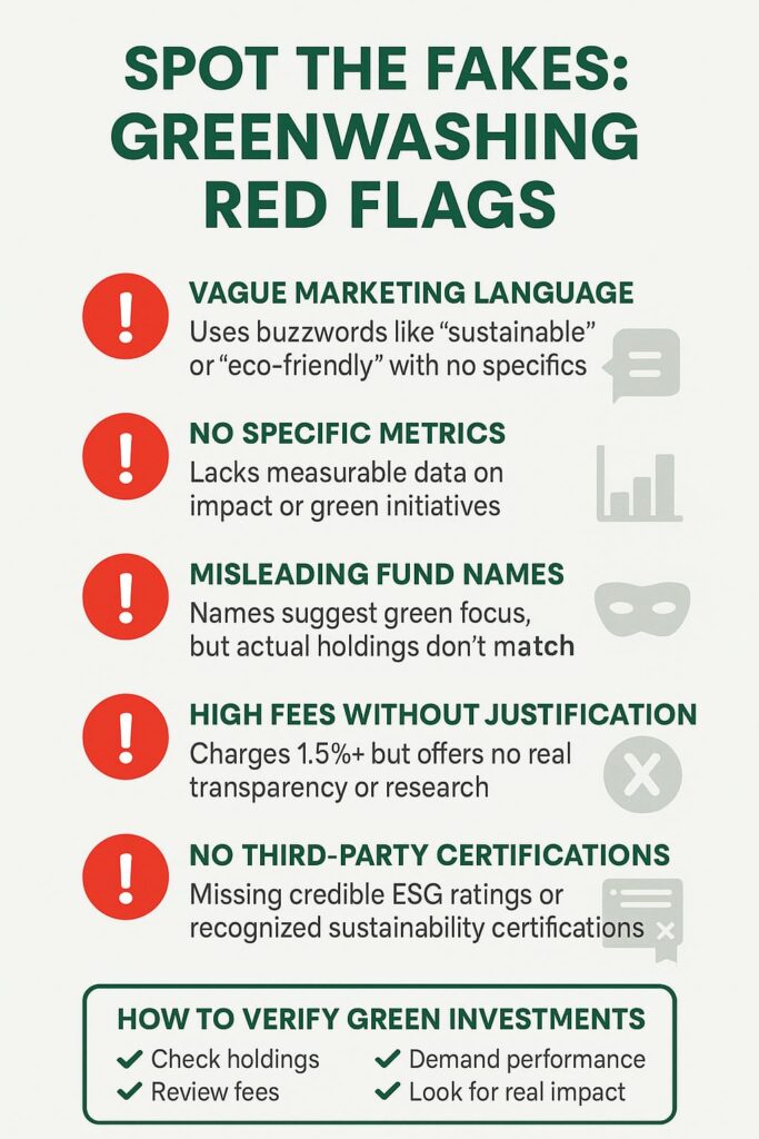 nfographic titled "Spot the Fakes: Greenwashing Red Flags" showing five warning signs in green investing—vague marketing, lack of metrics, misleading fund names, high fees, and missing certifications—with tips on how to verify legitimate green investments.