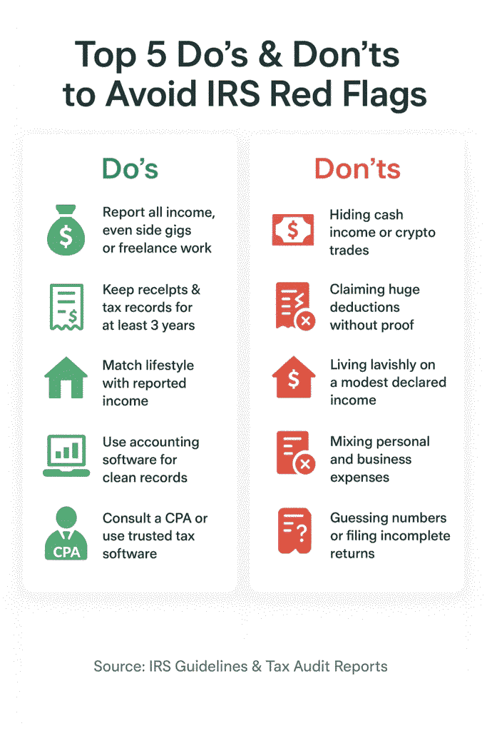 “Infographic titled ‘Top 5 Do’s & Don’ts to Avoid IRS Red Flags.’ Two-column layout with green check icons for Do’s and red cross icons for Don’ts. Do’s: Report all income (money bag icon), Keep receipts & tax records (receipt icon), Match lifestyle with income (house icon), Use accounting software (laptop icon), Consult a CPA (CPA figure icon). Don’ts: Hiding cash/crypto income (cash icon), Claiming huge deductions without proof (document icon), Living lavishly on modest income (house icon), Mixing personal and business expenses (document icon), Guessing numbers/incomplete returns (document with question mark icon). Footer: ‘Source: IRS Guidelines & Tax Audit Reports.’”