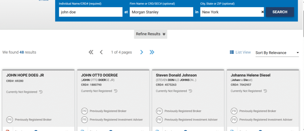 FINRA BrokerCheck search page screenshot