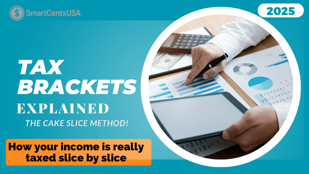 infographic titled “Tax Brackets Explained – The Cake Slice Method,” showing a person analyzing financial charts on a tablet. Visual metaphor illustrates how income is taxed in layers, aligned with 2025 tax brackets. Designed for SmartCentsUSA’s financial literacy outreach.