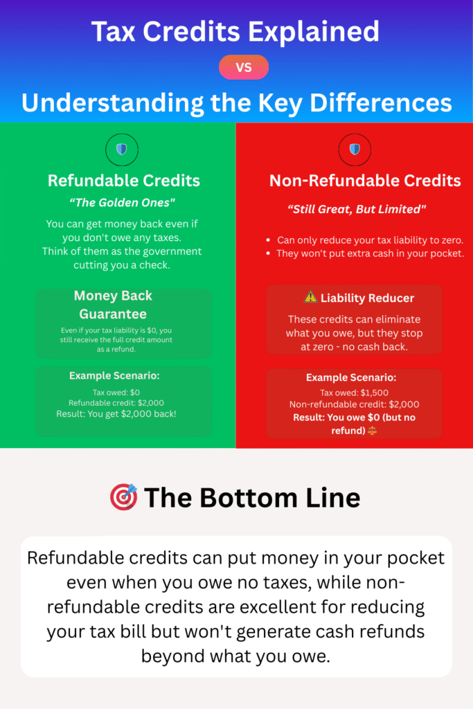 Infographic comparing refundable and non-refundable tax credits, showing how refundable credits can result in cash back even with zero tax owed, while non-refundable credits only reduce tax liability