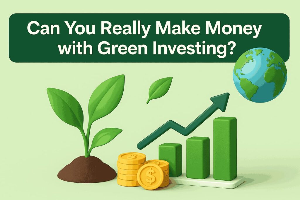 3D illustration showing green investing concept with plant growth, gold coins, upward chart, and Earth—symbolizing eco-friendly financial investments.