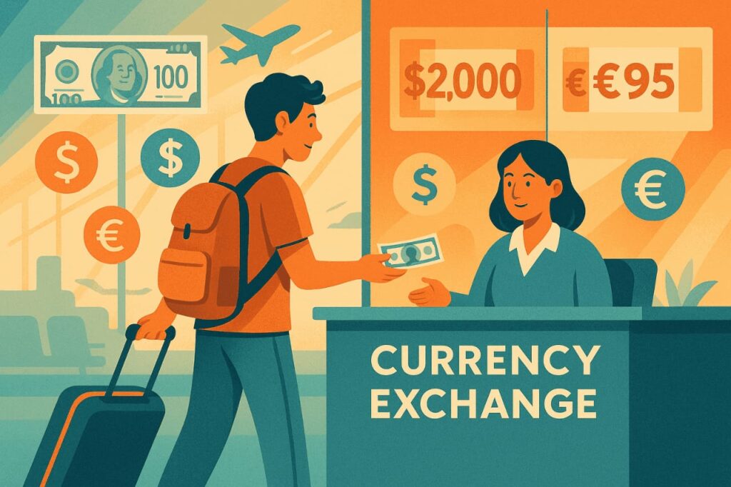 Modern illustration of a traveler at a currency exchange in an airport, with floating currency symbols and a $100 bill split to show its value in pesos and euros, highlighting the concept of tipo de cambio.