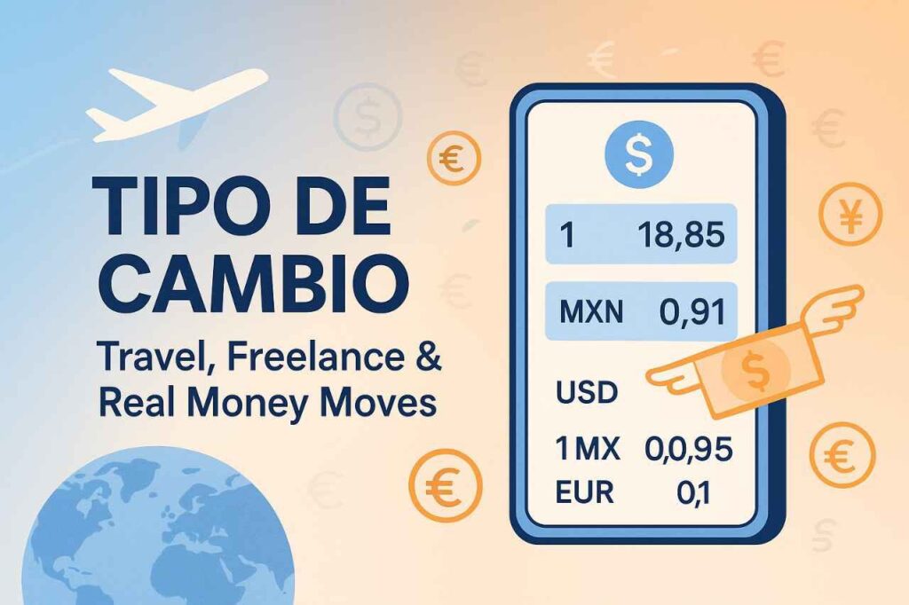 Illustration showing a digital currency converter with USD to MXN and EUR exchange rates, airplane icon, flying dollar bill, and global money symbols — explaining tipo de cambio in a travel and finance context.
