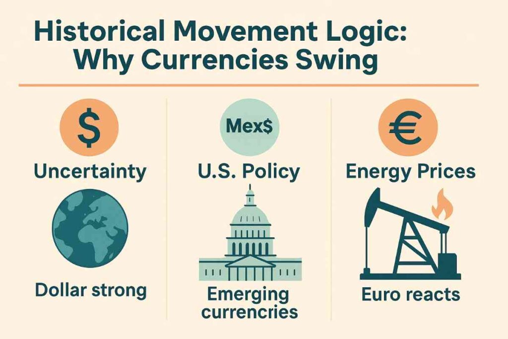 An infographic titled “Historical Movement Logic: Why Currencies Swing,” showing three drivers of currency fluctuation: global uncertainty (strengthening the U.S. dollar), U.S. policy (affecting emerging currencies like the Mexican peso), and energy prices (influencing the euro). Includes icons for the globe, U.S. Capitol, and oil pump.