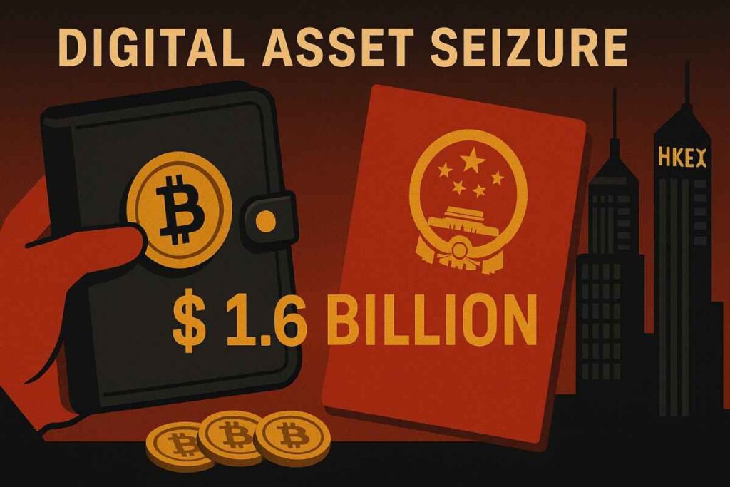 A modern digital infographic showing a red hand seizing a black cold wallet with a gold Bitcoin symbol, a Chinese government seal beside it, and Hong Kong exchange buildings in the background. The text "$1.6 BILLION" is prominently displayed, representing a major digital asset seizure.