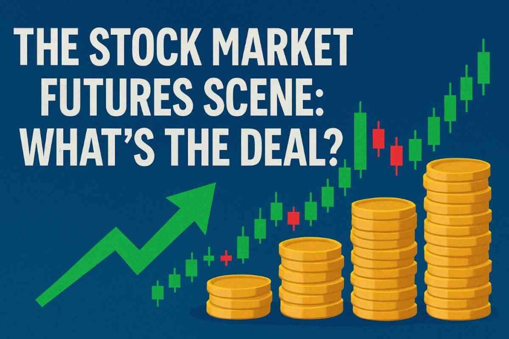"Thumbnail with the title 'The Stock Market Futures Scene: What’s the Deal?' featuring charts, coins, and an upward green arrow."