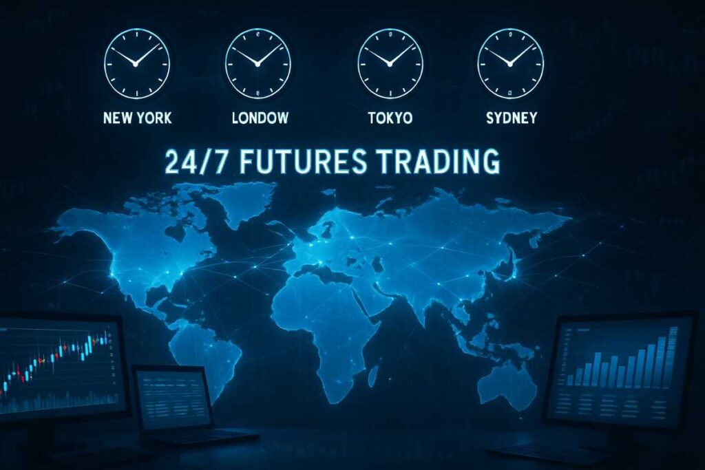 A high-resolution digital illustration showing a glowing world map with clocks for New York, London, Tokyo, and Sydney, network lines between continents, and trading screens displaying stock data — symbolizing 24/7 global futures trading in a sleek, futuristic setting.