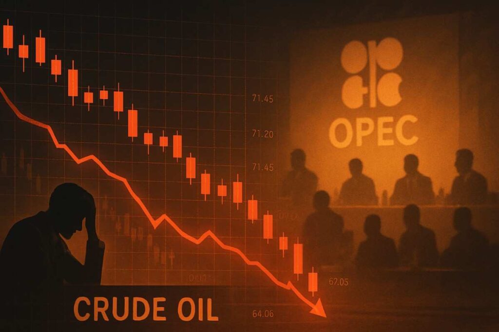 A dramatic digital illustration showing a crude oil trading chart with a steep downward trend in red candlesticks. In the background, a dimly lit OPEC meeting takes place, with silhouetted figures suggesting tension. A concerned trader holds his head in the foreground, emphasizing the emotional and financial impact of the price crash.