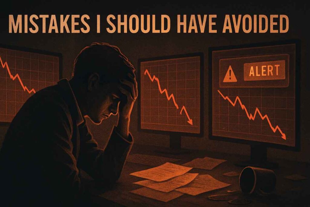 A stressed trader sits at a desk cluttered with scattered papers and a spilled coffee cup, surrounded by multiple monitors displaying red downward-trending charts and alert symbols. The dramatic lighting and tense posture convey a moment of regret and financial loss, emphasizing the importance of learning from trading mistakes.