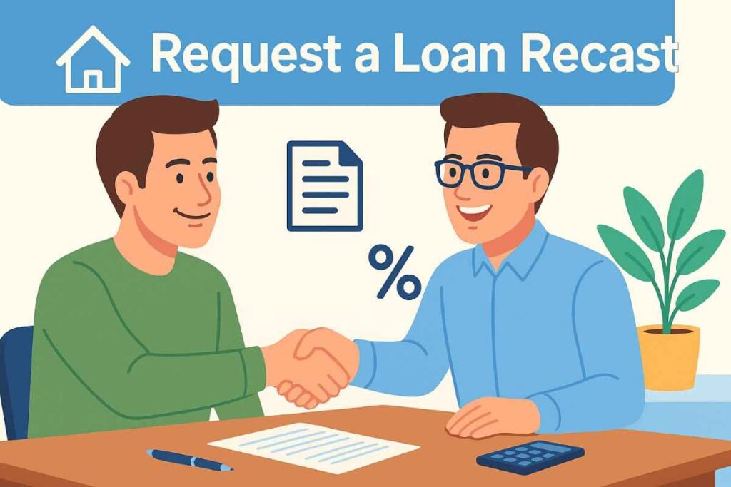 Cartoon-style illustration of a homeowner and a loan officer shaking hands across a desk, with documents, a calculator, and icons of a house, document, and percentage sign, under the heading “Request a Loan Recast.”