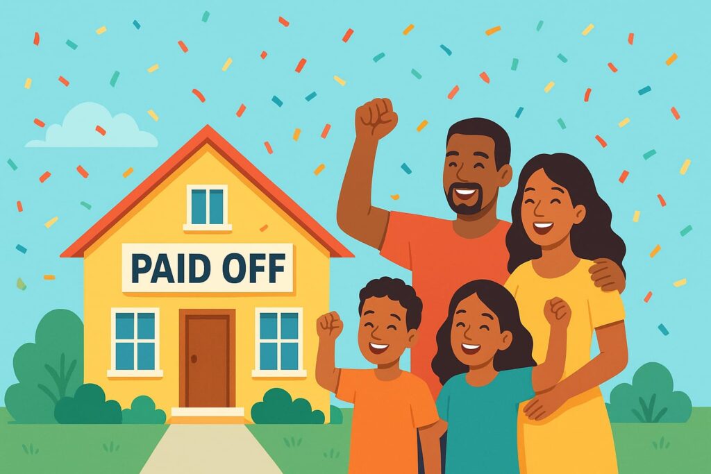 "Illustration of a smiling family of four standing in front of their two-story yellow house with a large 'PAID OFF' sign, confetti falling in the background, symbolizing the joy of becoming mortgage-free."