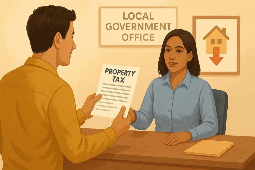 Semi-realistic illustration of a man in a mustard-yellow shirt handing a property tax form to a smiling government employee at a local office, with a small house icon and downward arrow in the background, representing appealing taxes as a method for how to lower your mortgage payments fast