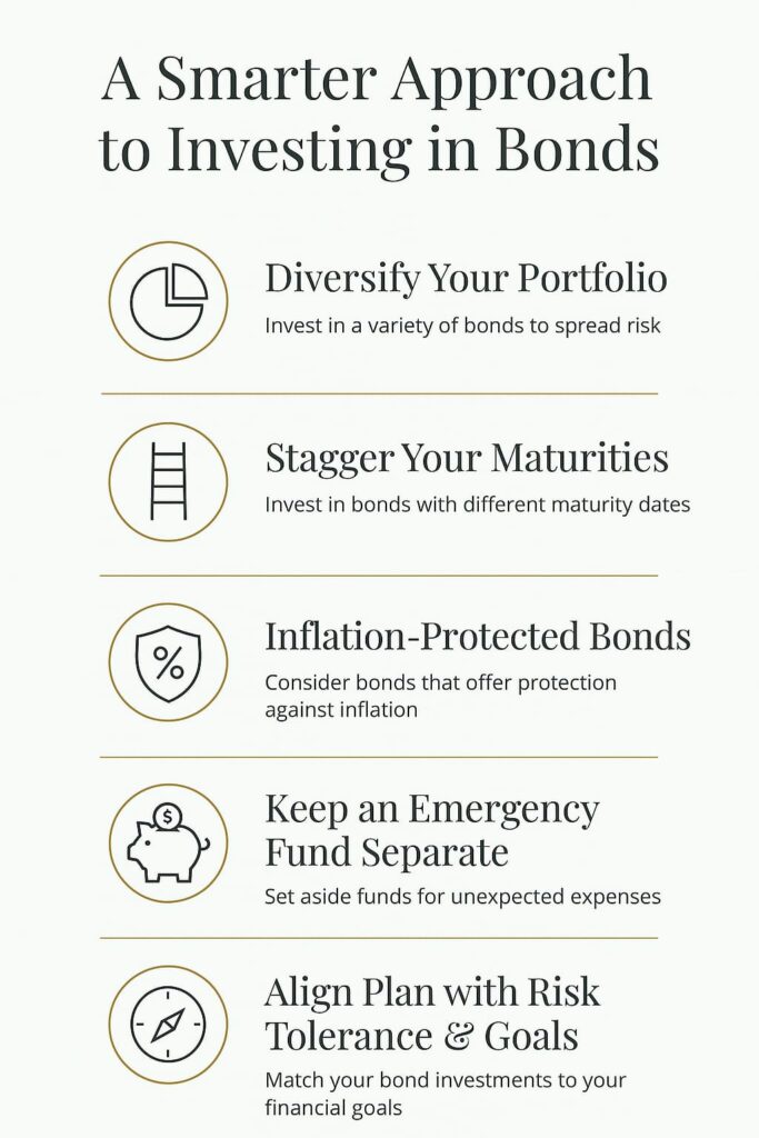 Vertical infographic titled “A Smarter Approach to Investing in Bonds” with a light green and white color scheme, charcoal gray text, and gold accent lines. At the top right is the website name “SmartCentsUSA.com” in bold modern font. Five sections are arranged vertically, each with a gold-outlined flat-style icon, bold heading, and short description:
1. Pie chart icon – “Diversify Your Portfolio: Invest in a variety of bonds to spread risk.”
2. Ladder icon – “Stagger Your Maturities: Invest in bonds with different maturity dates.”
3. Shield with percent sign – “Inflation-Protected Bonds: Consider bonds that offer protection against inflation.”
4. Piggy bank with dollar sign – “Keep an Emergency Fund Separate: Set aside funds for unexpected expenses.”
5. Compass icon – “Align Plan with Risk Tolerance & Goals: Match your bond investments to your financial goals.”
Thin gold lines divide each section, and a small footer disclaimer reads: “This is not financial advice. Consult a financial advisor before