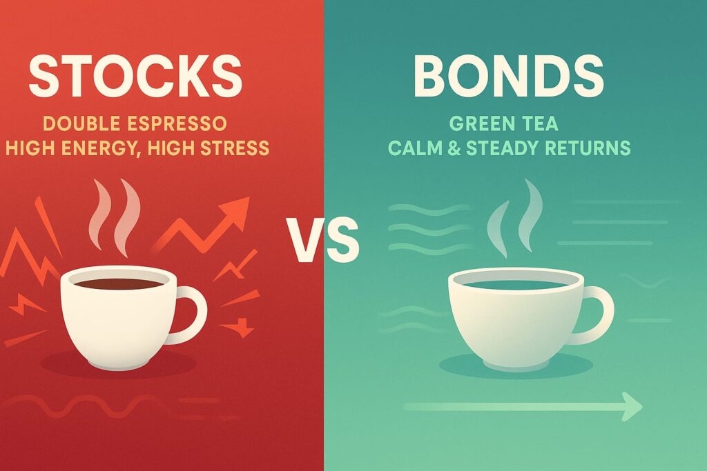 Split-screen infographic comparing stocks and bonds using a coffee vs tea metaphor. Left side in warm red and orange tones shows a steaming double espresso cup with zigzag and arrow graphics, labeled 'STOCKS – Double Espresso, High Energy, High Stress.' Right side in cool green and blue tones shows a steaming green tea cup with smooth wavy lines and a horizontal arrow, labeled 'BONDS – Green Tea, Calm & Steady Returns.' The two sides are divided by a large 'VS' in the center.
