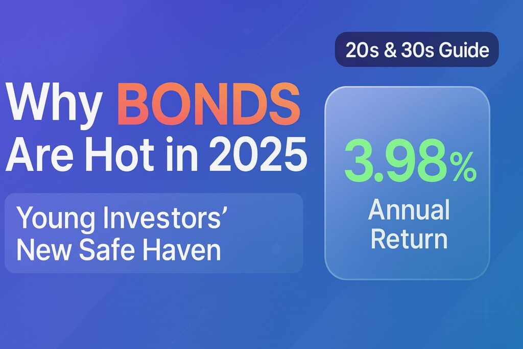 Caption:
"Modern financial blog thumbnail highlighting why bonds are trending in 2025, featuring bold typography, glassmorphism design, and a 3.98% annual return statistic."
Alt-text:
"Landscape 16:9 financial blog thumbnail with a purple-to-blue gradient background. The left side displays the headline 'Why BONDS Are Hot in 2025' with 'BONDS' in orange gradient, subtitle 'Young Investors’ New Safe Haven,' and a top-right badge reading '20s & 30s Guide.' The right side shows a glass-effect card with '5.9%' in bright green above the label 'Annual Return,' all in modern minimalist style."