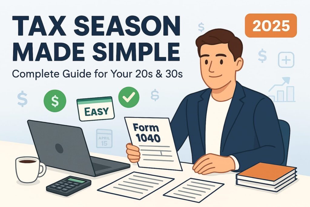 Young professional sitting confidently at organized desk with laptop displaying tax forms, surrounded by calculator, coffee cup, and neatly stacked documents. Bold text overlay reads 'TAX SEASON MADE SIMPLE - Complete Guide for Your 20s & 30s' with modern blue and green color scheme conveying approachable tax filing guidance."Alternative shorter version:"Professional tax season thumbnail showing young adult at desk with laptop, tax documents, and calculator. The text reads 'Tax Season Made Simple—Complete Guide for Your 20s & 30s' in a modern design."