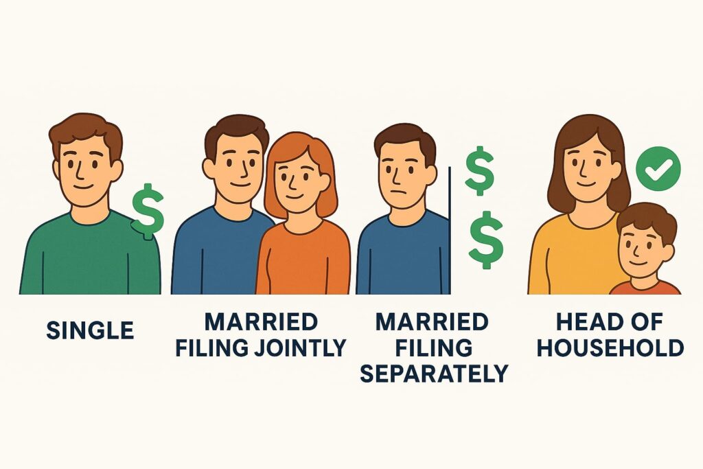 modern, cartoon-style character illustrations representing U.S. tax filing statuses. From left to right: a smiling young man in green labeled "Single"; a cheerful married couple standing together labeled "Married Filing Jointly"; a serious couple standing apart with a divider between them labeled "Married Filing Separately"; and a smiling woman with a child labeled "Head of Household." Each group is accompanied by a bold green dollar sign symbol. The background is clean off-white, and the color palette includes friendly hues like blue, orange, yellow, and green. Flat design and simple labels make the visual clear and approachable.