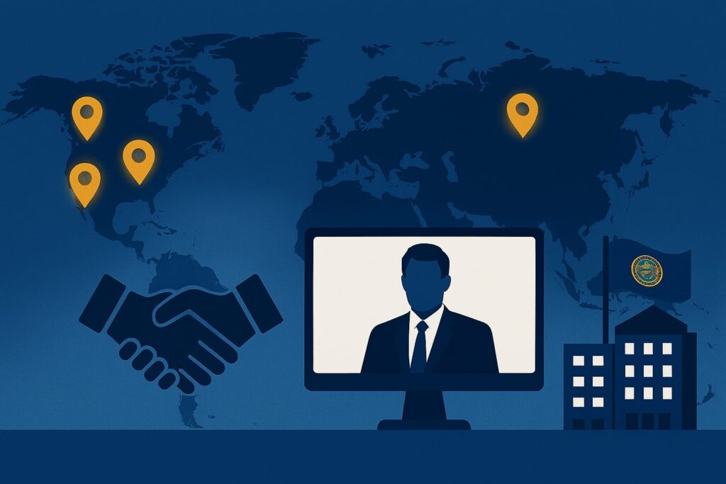 Digital illustration of a blue world map with glowing gold location pins across the USA, symbolizing local financial service hubs. A computer screen displays a virtual meeting with a professional in a suit, representing remote accessibility. A handshake icon overlays the map, highlighting trust and connection between local and virtual services. On the right, a modern office building with a visible state flag reinforces regional expertise. The color scheme features deep blues and gold tones, in a wide 16:9 landscape format.