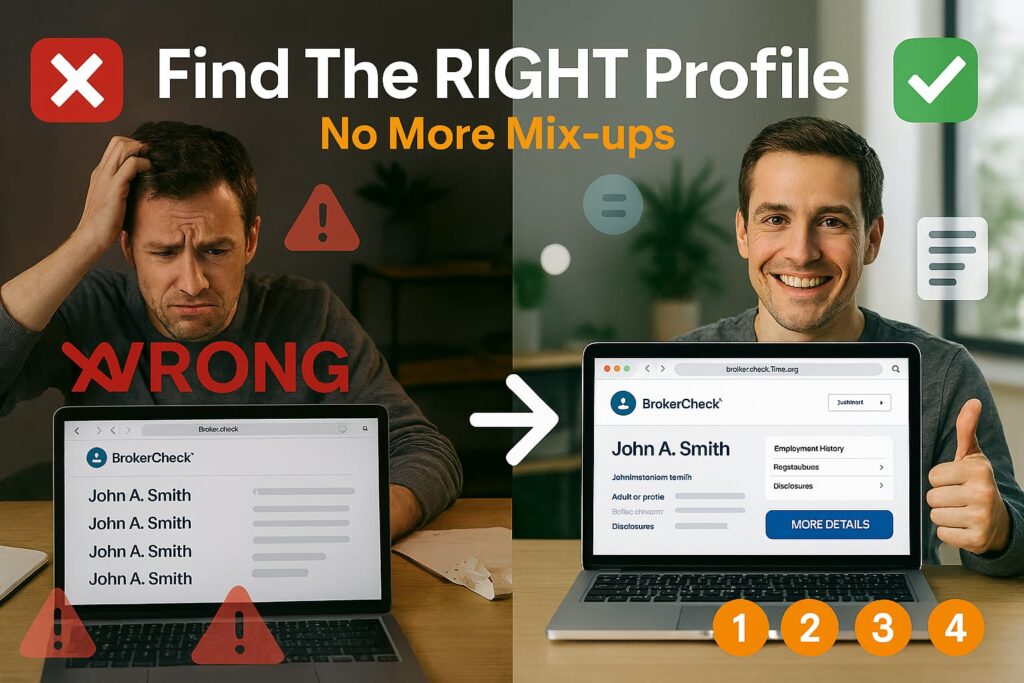 Split-screen image showing a "Wrong vs Right" advisor profile search. Left side (marked with red X): A frustrated man scratches his head while staring at a laptop displaying multiple identical advisor names. His desk is cluttered, lighting is dim, and warning icons appear. Right side (marked with green checkmark): The same man now smiles confidently, giving a thumbs-up at a clean, detailed BrokerCheck profile on his laptop. His desk is tidy, lighting is bright, and helpful icons like checkmarks and document symbols are visible. Overlay text reads “Find The RIGHT Profile” in bold white and “No More Mix-ups” in orange. The setting is a modern office, emphasizing clarity and professionalism.