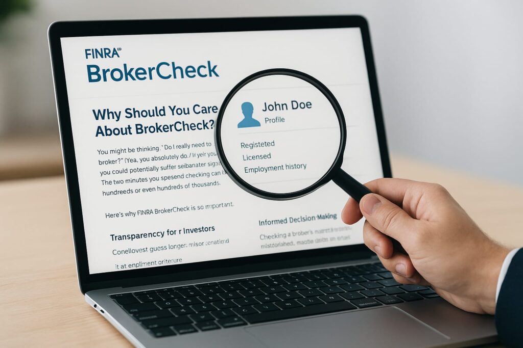 A person holding a magnifying glass over a laptop screen displaying the FINRA BrokerCheck website with a broker profile, highlighting details such as registration, licensing, and employment history.