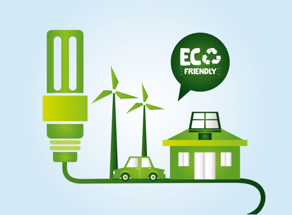 Illustration of solar panels, wind turbine, and eco-friendly icons promoting clean energy tax credits