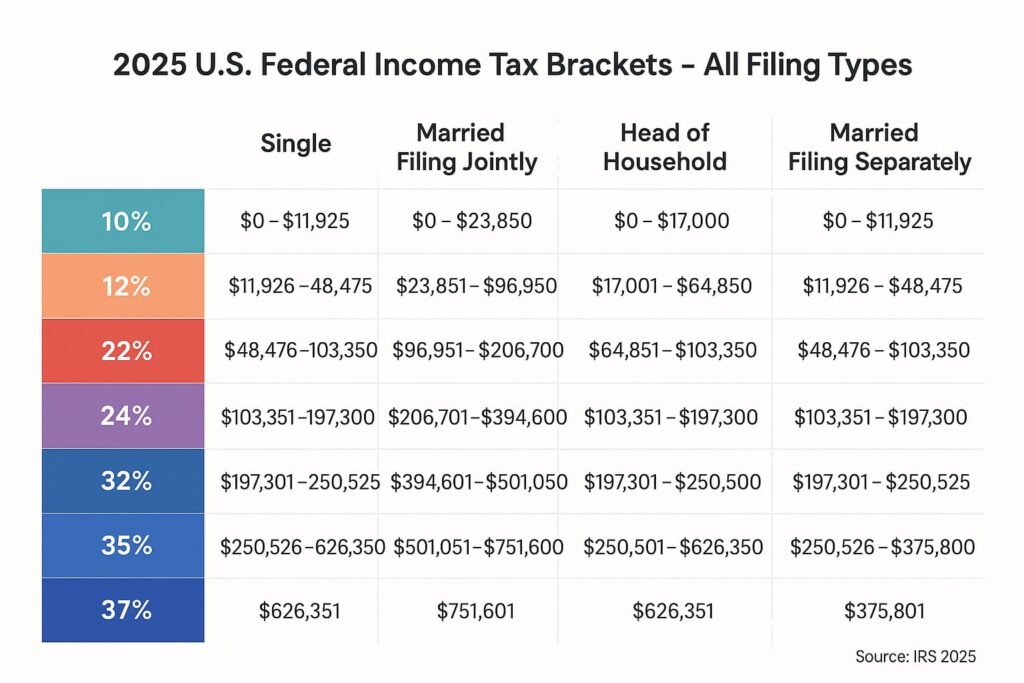 Infographic comparing 2025 U.S. federal income tax brackets across all filing statuses, Single, Married Filing Jointly, Head of Household, and Married Filing Separately, with color-coded rates from 10% up to 37%.