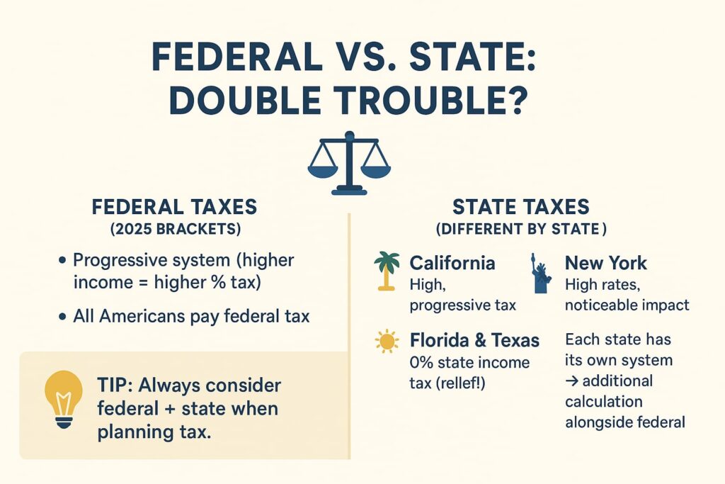 Infographic showing the difference between U.S. federal and state taxes. Federal taxes are progressive for all Americans, while state taxes vary: California has high progressive taxes, New York has high rates, and Florida and Texas have no state income tax.