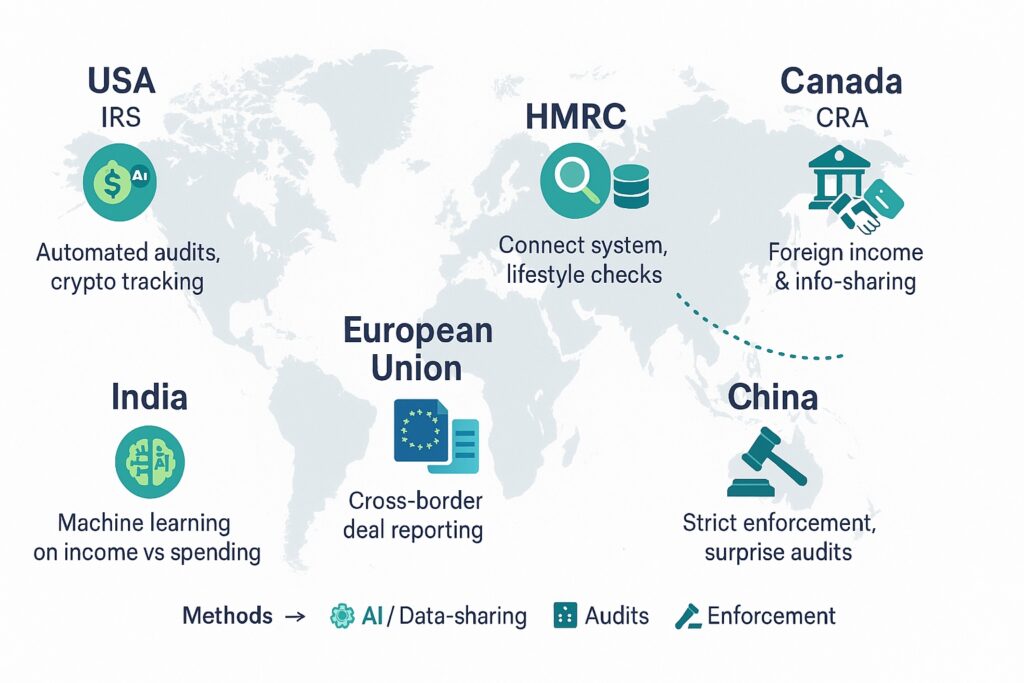 A world map infographic highlights tax enforcement strategies across six regions using flat design icons and short labels. The USA shows a dollar and AI icon labeled “Automated audits, crypto tracking.” The UK features a magnifying glass and database icon with “Connect system, lifestyle checks.” Canada displays an offshore bank and handshake icon labeled “Foreign income & info-sharing,” connected by a dotted line to the EU. The European Union shows an EU flag and document icon with “Cross-border deal reporting.” India uses an AI brain icon labeled “Machine learning on income vs spending.” China features a gavel and factory icon with “Strict enforcement, surprise audits.” A legend at the bottom categorizes methods: AI, data-sharing, audits, and enforcement, using blue, green, and gray tones.