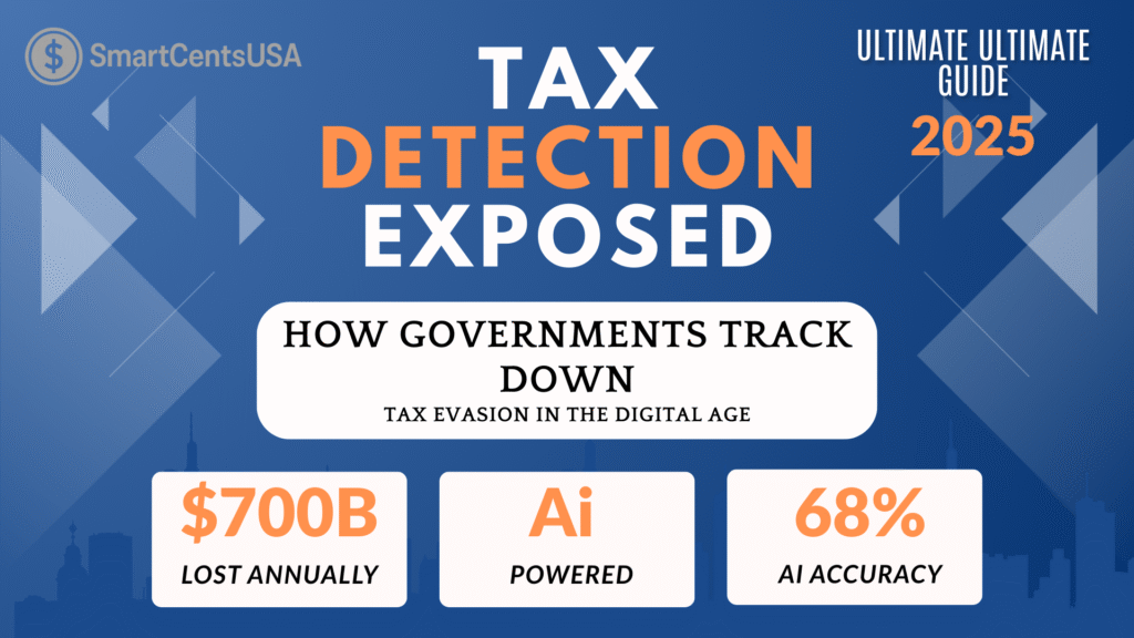 Alt Text (Standard, SEO-Optimized): “Promotional graphic for SmartCentsUSA’s ‘Ultimate Guide 2025: Tax Detection Exposed,’ featuring a stylized blue cityscape and bold stats on digital tax evasion—$700B lost annually, 68% AI accuracy, and AI-powered detection tools.” Want a more emotionally resonant or platform-specific version too? I can tailor one for Pinterest, YouTube thumbnails, or even screen readers with a more narrative tone.