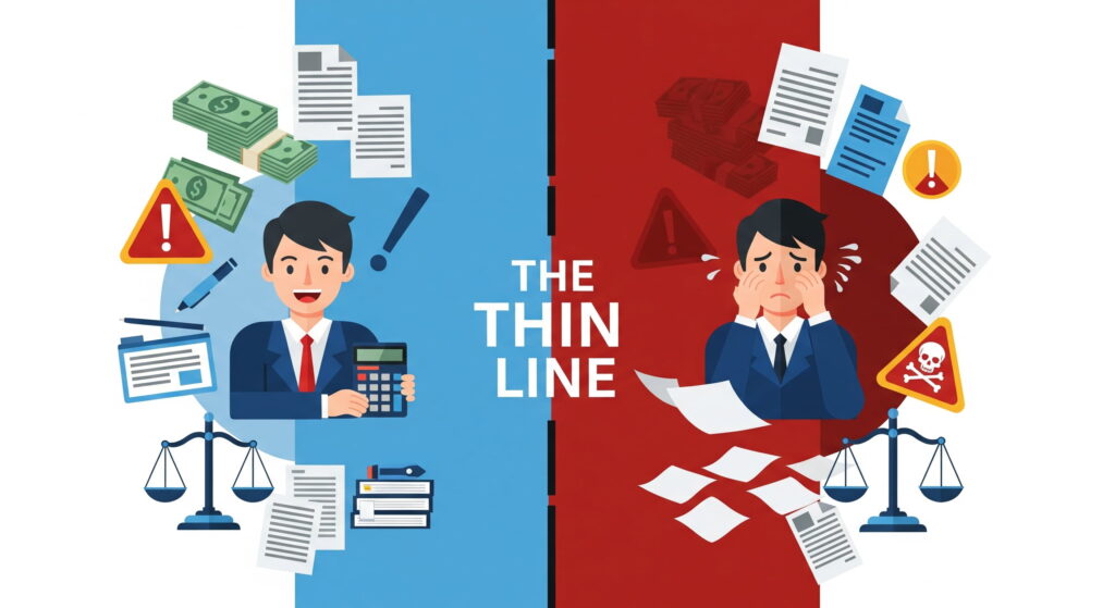 An infographic titled "THE THIN LINE" with a split-screen design. On the left, a smiling person with a calculator and organized documents represents an innocent taxpayer. On the right, a worried person with scattered papers and warning symbols represents a tax criminal. Floating icons like money bags, documents, warning signs, and scales of justice are also included.