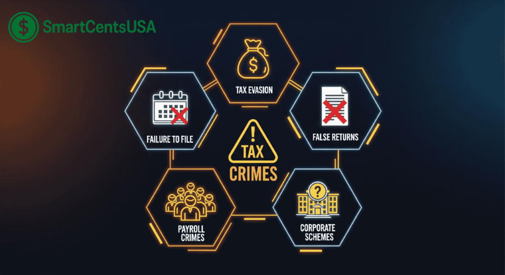 Infographic from SmartCentsUSA showing five types of tax crimes—Tax Evasion, False Returns, Corporate Schemes, Payroll Crimes, and Failure to File—arranged around a central warning symbol labeled "Tax Crimes," with icons for each category.